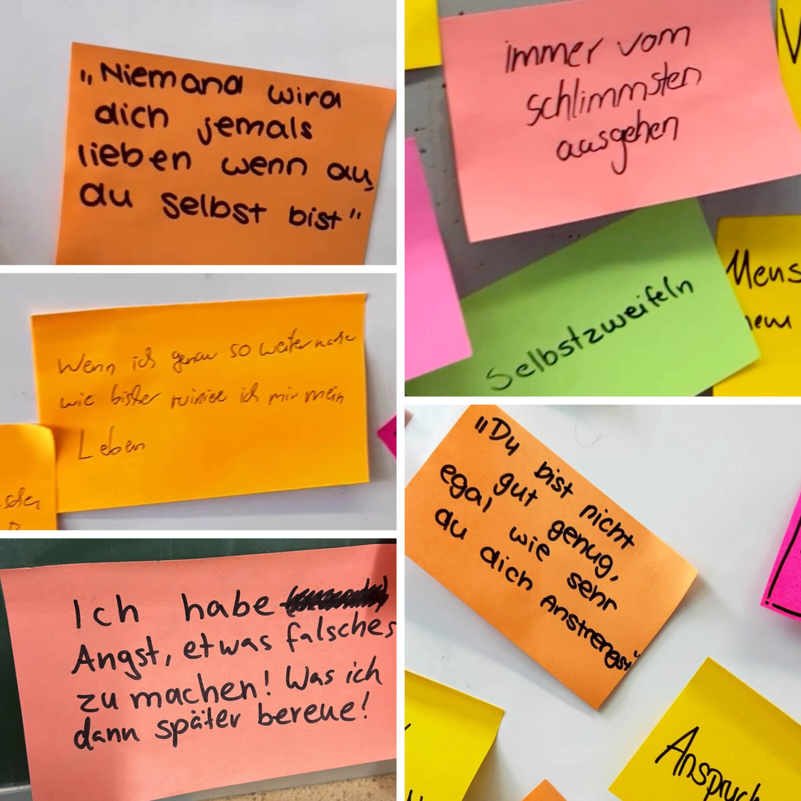 Mehrere bunte Post-its an einer Wand mit handgeschriebenen Zitaten von Jugendlichen über Selbstzweifel, Angst und Überforderung.